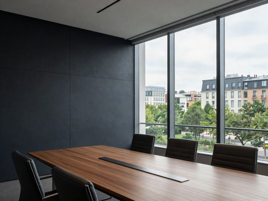 A sunlit executive boardroom overlooking the city, ready for a strategic business review