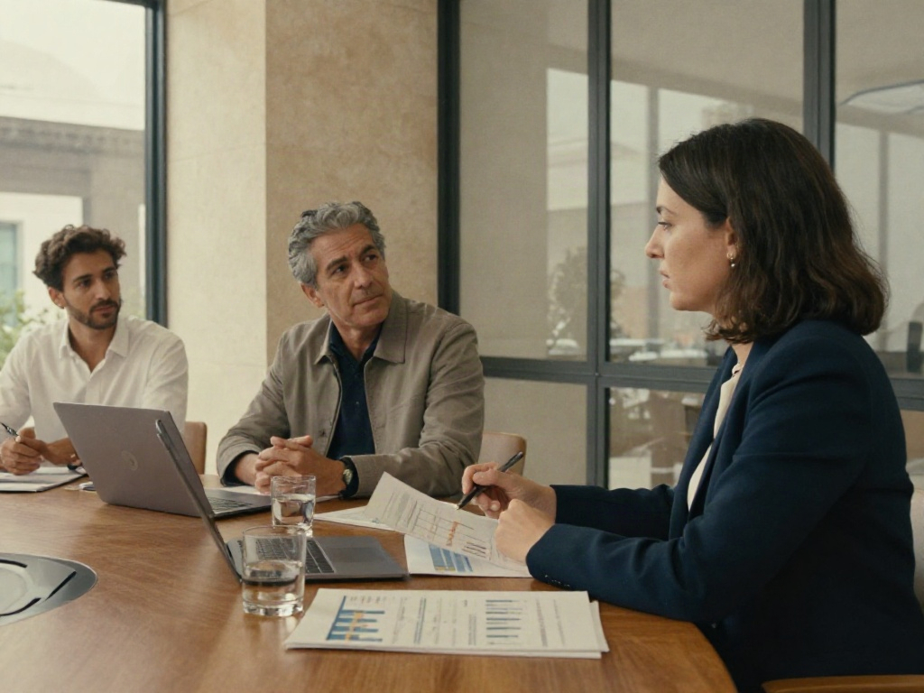 Business advisors collaborating on data and strategic priorities around a meeting table